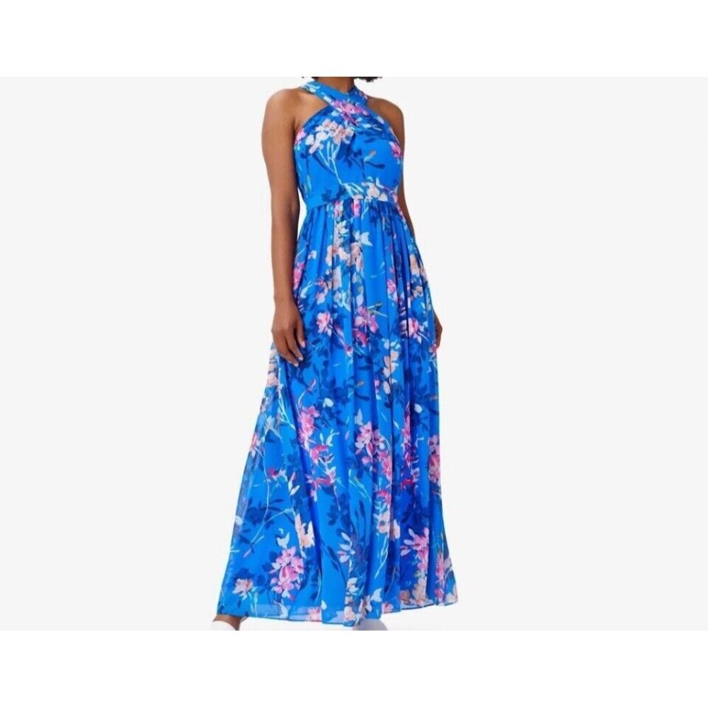 Adrianna Papell Blue Floral Dress Maxi Sleeveless Halter Fit & Flare Lined Sz 14